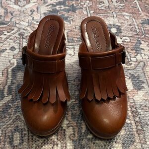 Madewell Chestnut Leather Fringe Mules